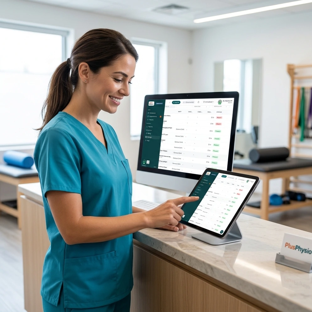 PlusPhysio staff attendance and shift roster screen with digital clock-in, hours calculation, and regularization