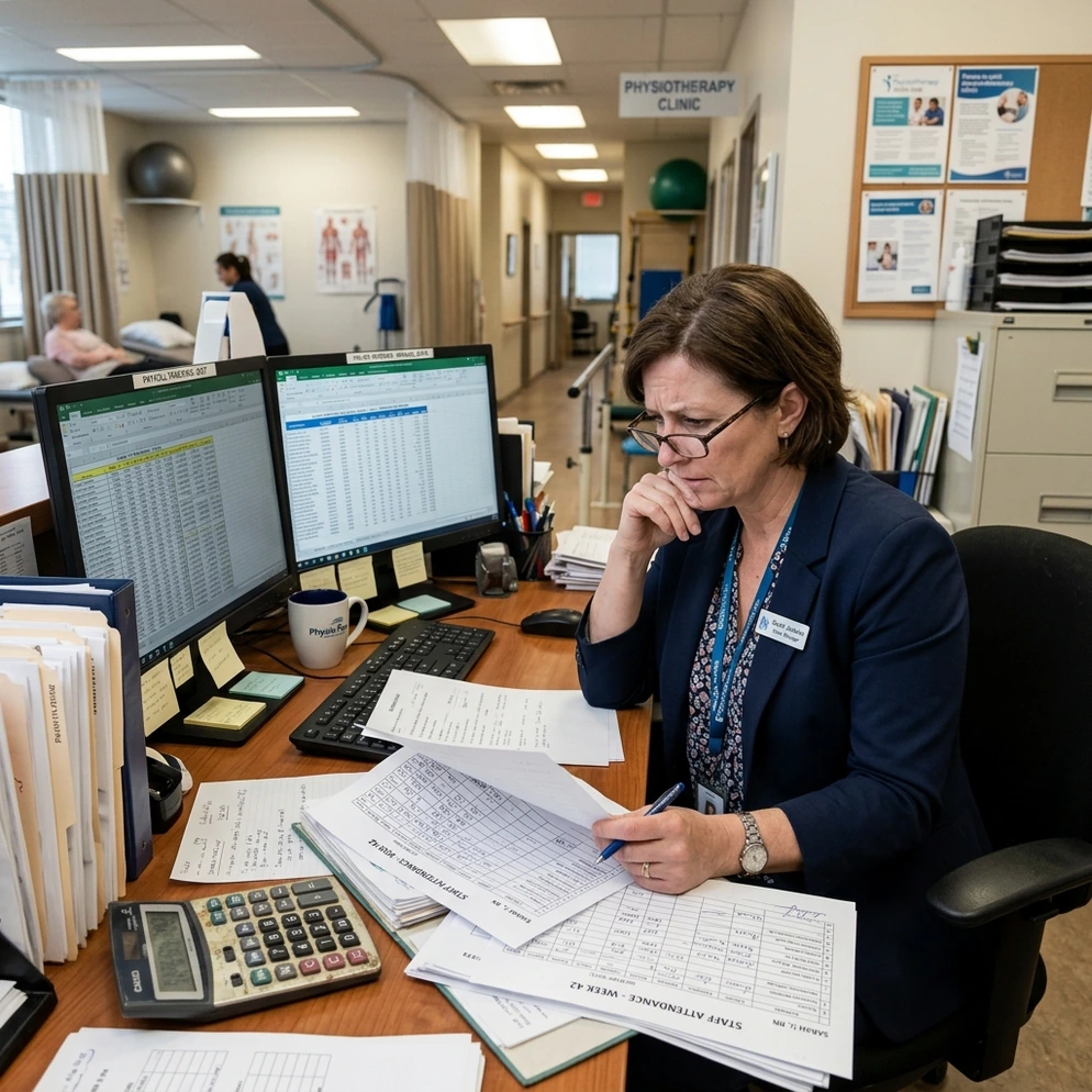 Healthcare clinic manager overwhelmed by manual attendance paperwork and spreadsheet calculations