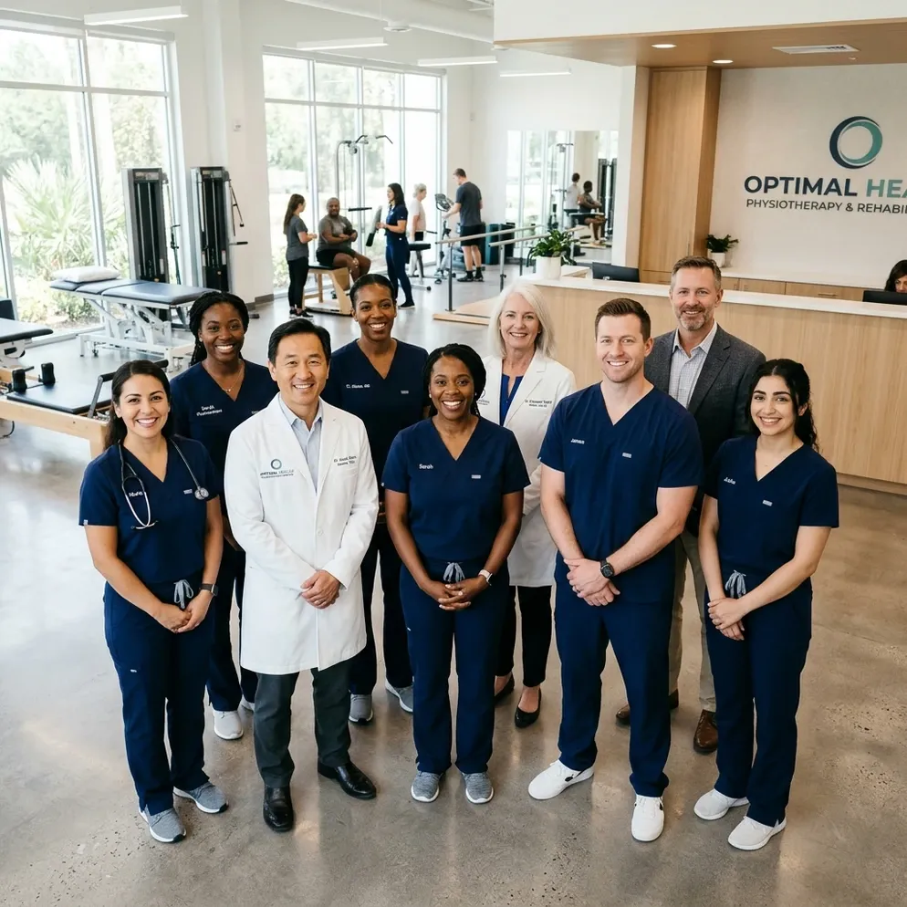 Multi-disciplinary healthcare clinic team of physiotherapists and clinic directors at modern rehabilitation center