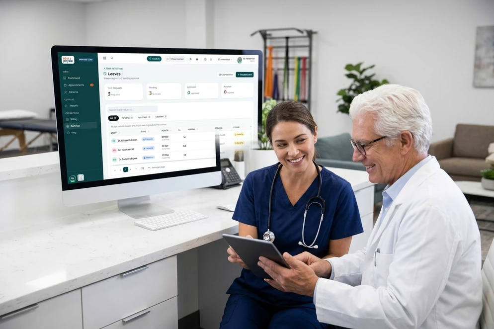 PlusPhysio HR and payroll platform desktop view showing unified clinic workforce, shift attendance, and leave management