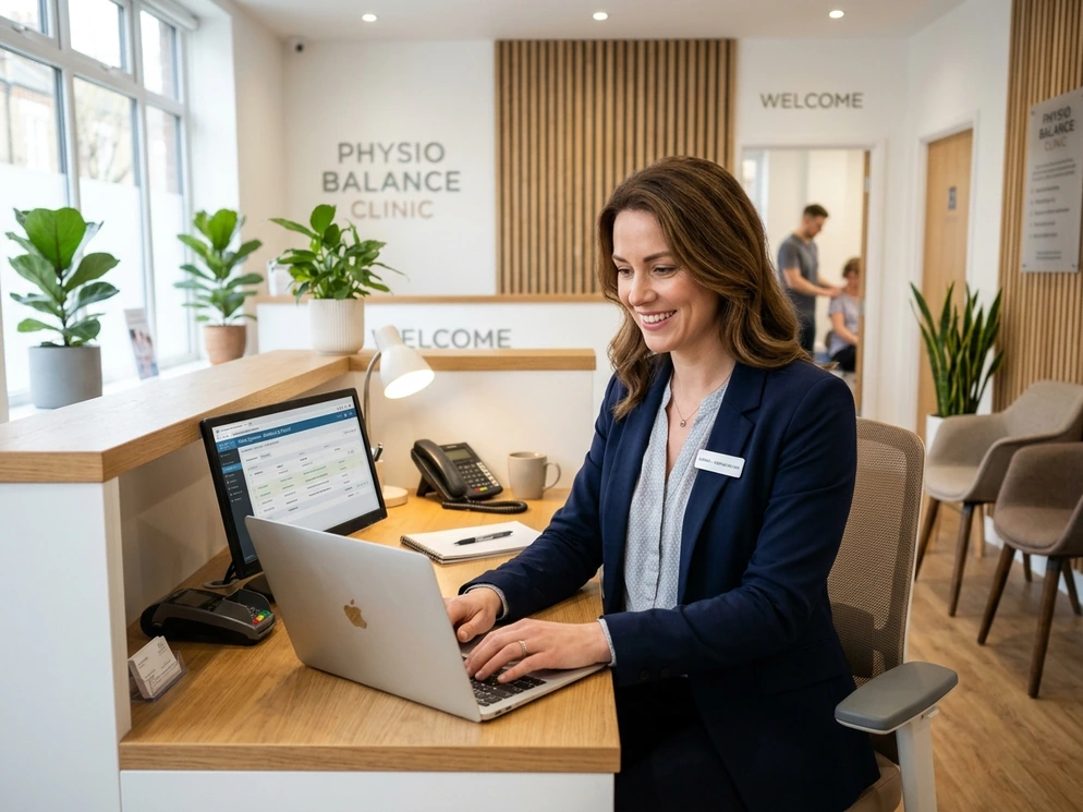 Clinic administrator managing healthcare staff records and payroll on a laptop at physiotherapy reception