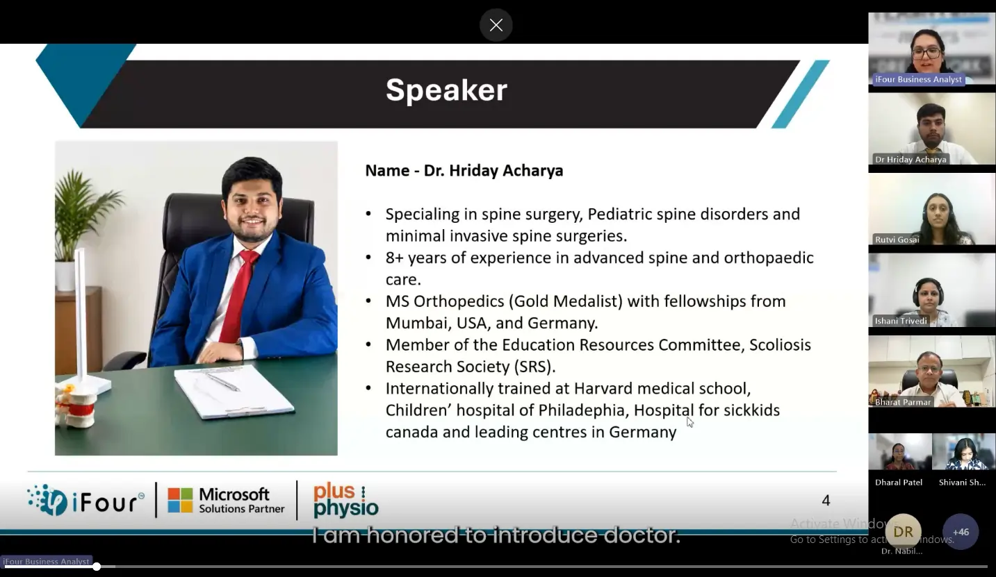 Speaker introduction slide of Dr. Vasav Somani, orthopedic shoulder surgeon, at the rotator cuff tear rehab webinar