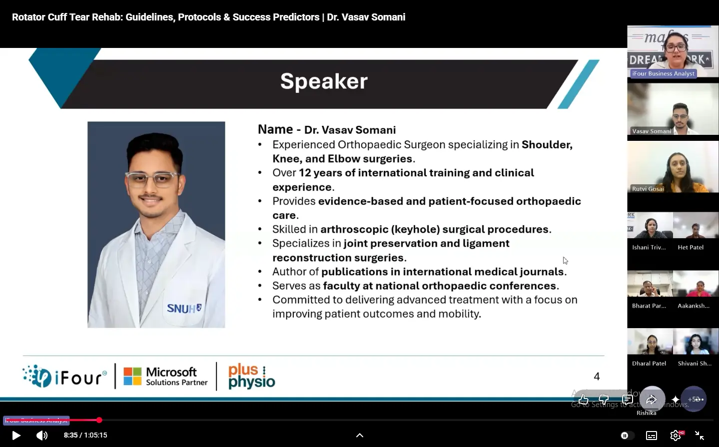 Speaker introduction slide of Dr. Vasav Somani, orthopedic shoulder surgeon, at the rotator cuff tear rehab webinar