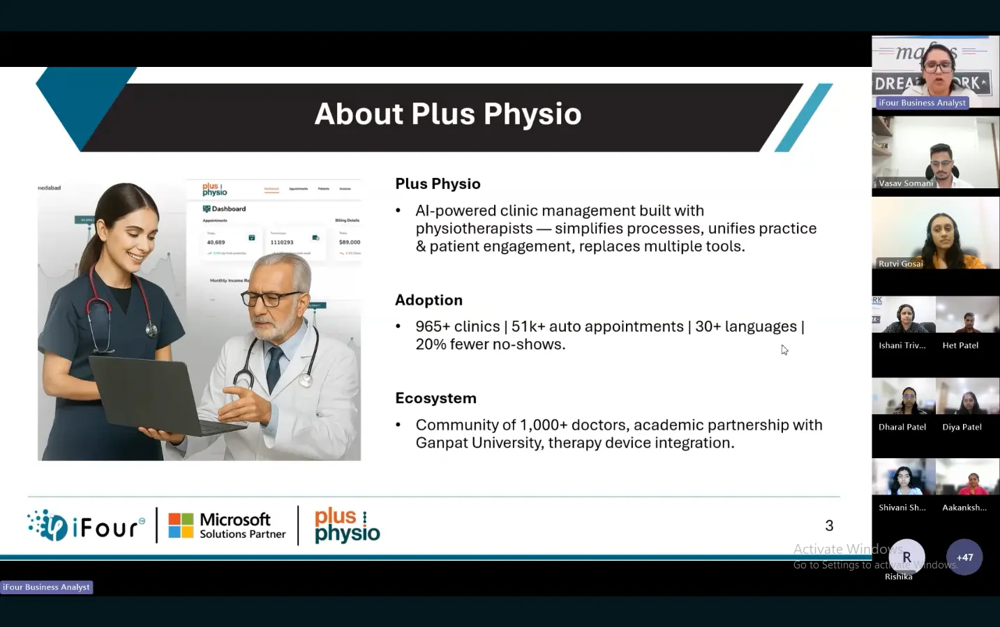 About PlusPhysio slide highlighting AI-powered physiotherapy clinic management software and adoption stats