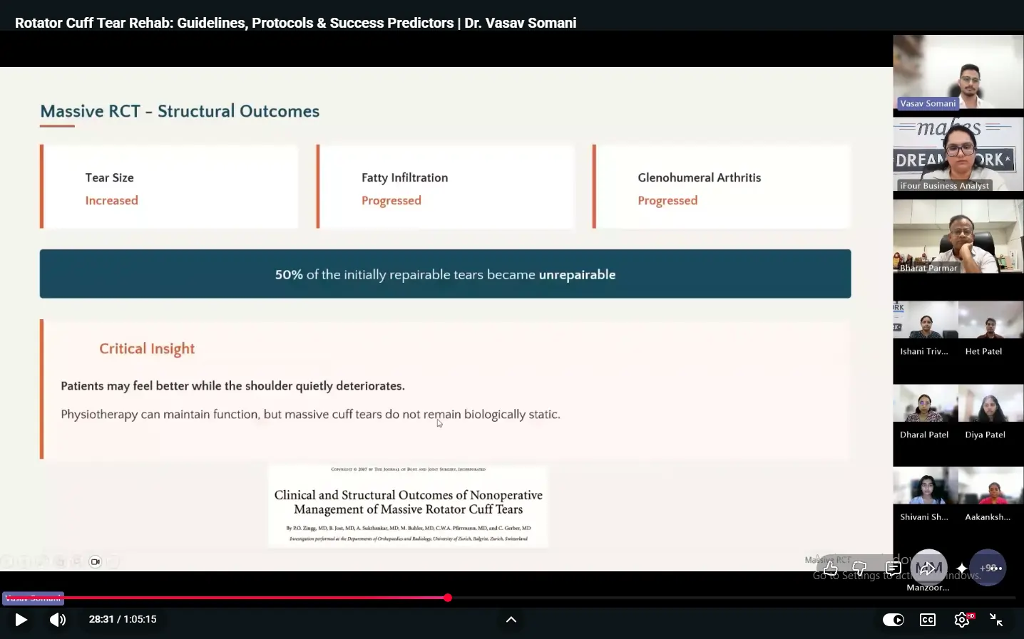 Webinar slide on structural outcomes of massive rotator cuff tears showing tear size, fatty infiltration, and arthritis progression