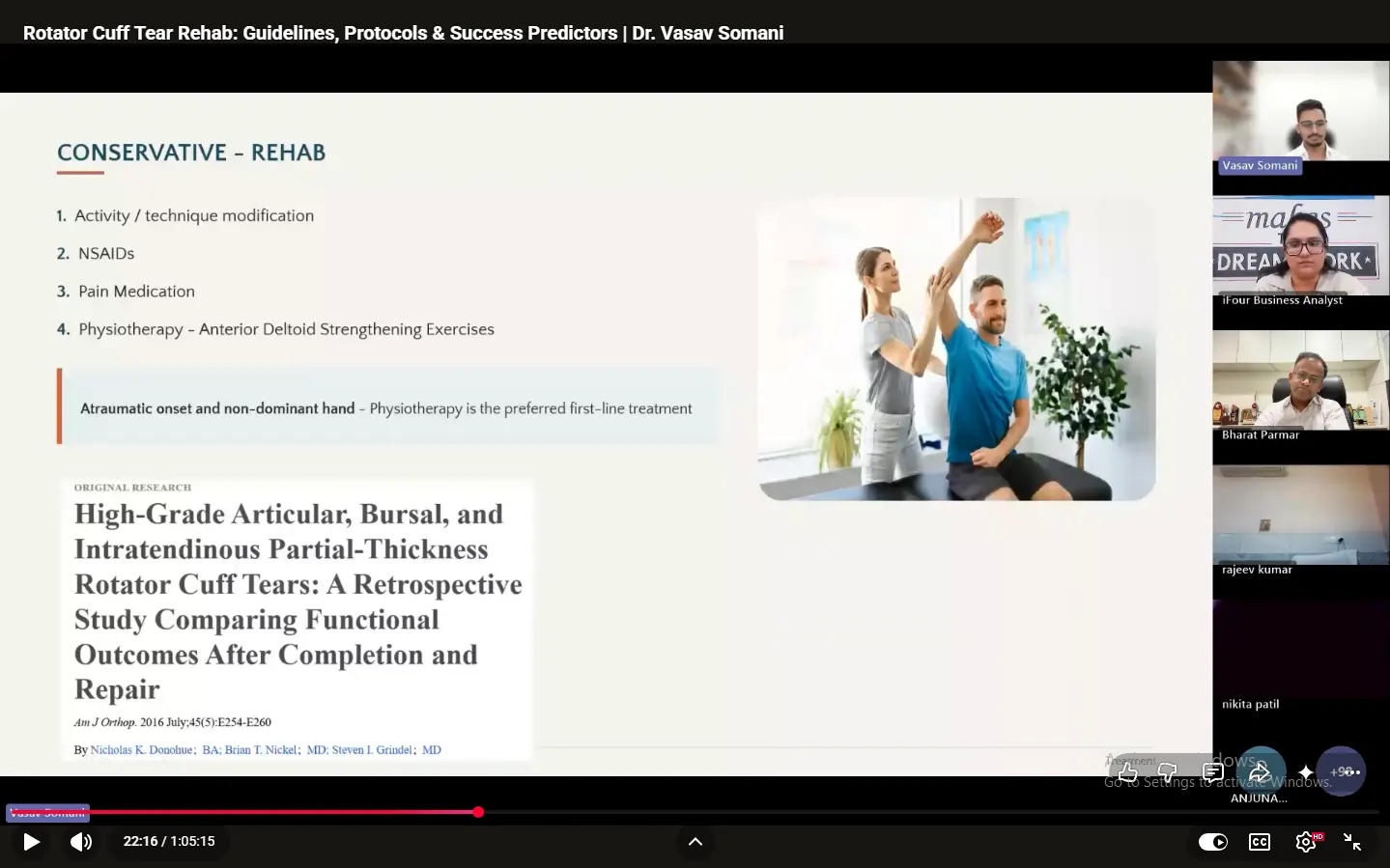 Conservative rehab slide listing activity modification, NSAIDs, pain medication, and physiotherapy for rotator cuff tears